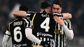 Pemain Belakang Juventus, Federico Gatti, melakukan selebrasi setelah mencetak gol ke gawang Napoli dalam pekan ke-15 Serie A Italia musim 2023-2024 di Allianz Stadium, Jumat (8/12/2023).